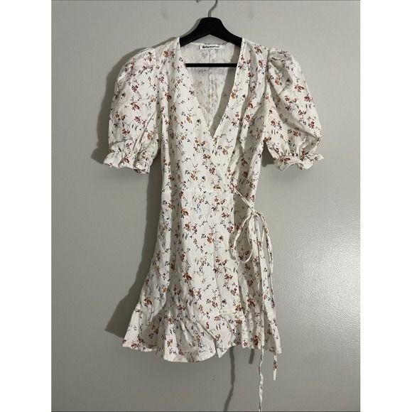 Reformation Wrap Dress Linen Floral Puff Sleeve Xs Cottagecore